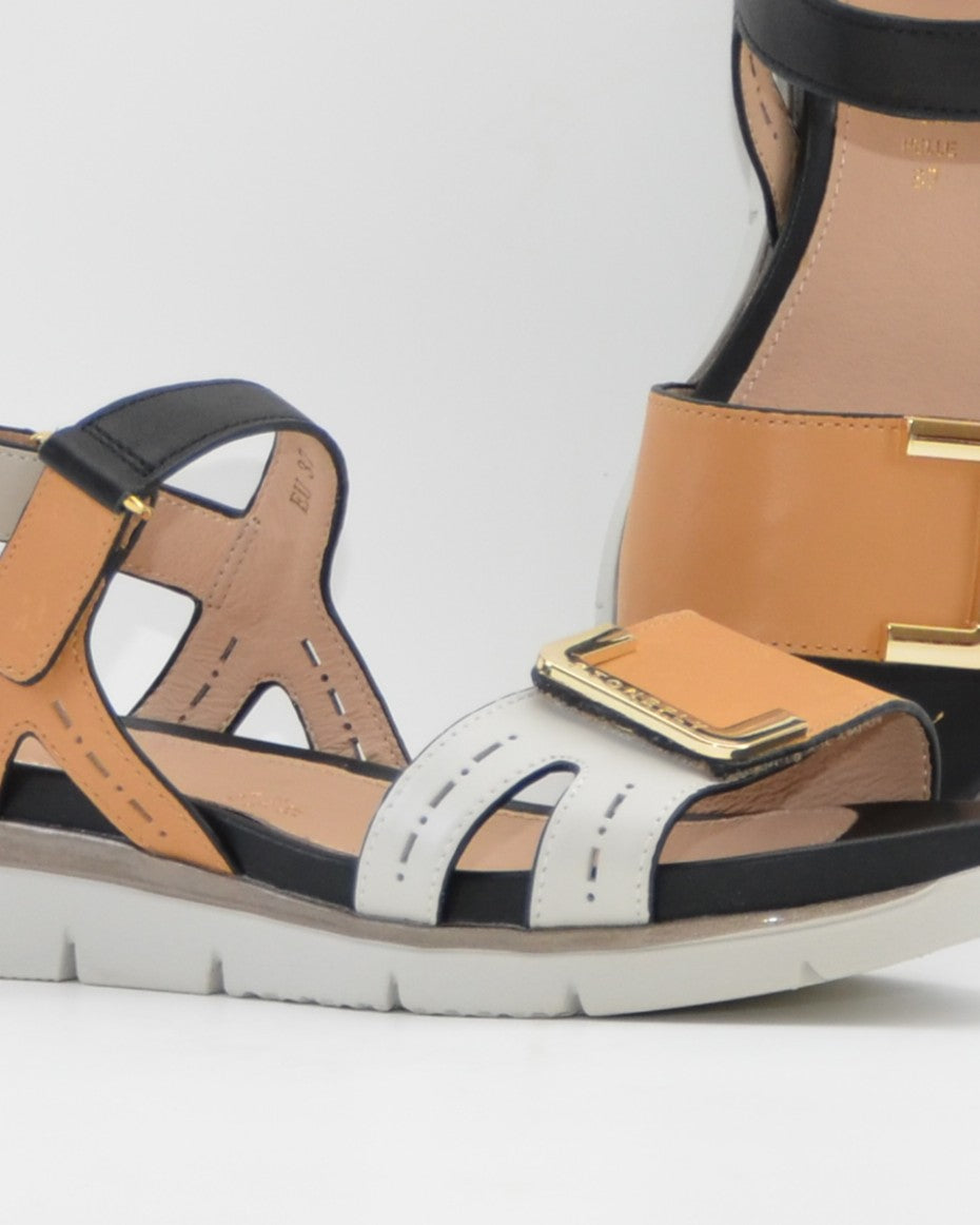 SANDALIA PLANA MUJER STONEFLY DOS VELCROS COMBI CAMEL BLANCO Y NEGRO