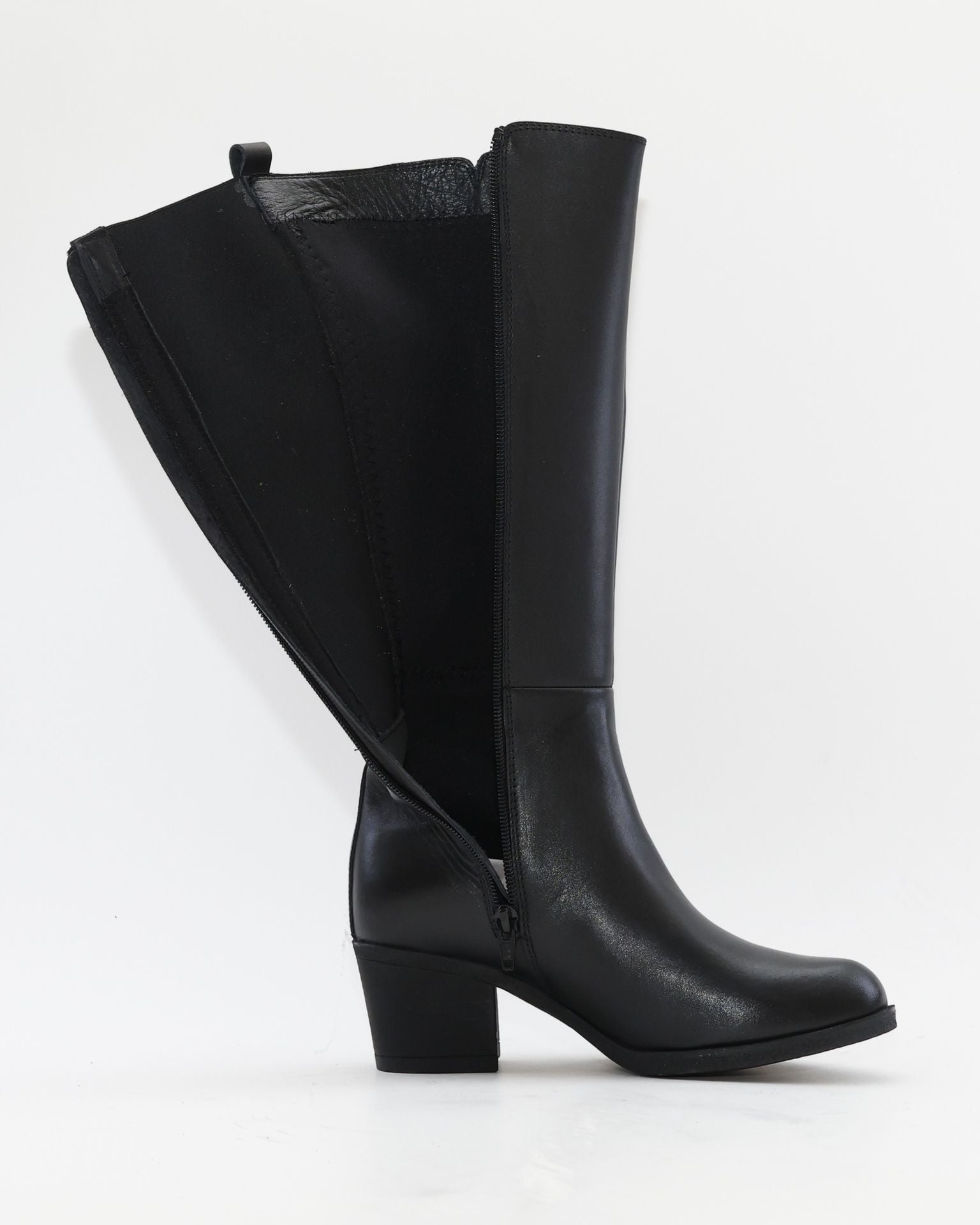 BOTA ALTA MUJER TACON MEDIO COLOR NEGRO CREMALLERA Y ELASTICO TREINTAS L-1504