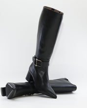 BOTA ALTA MUJER TACON ANCHO EN PIEL COLOR NEGRO ADORNO HEBILLA