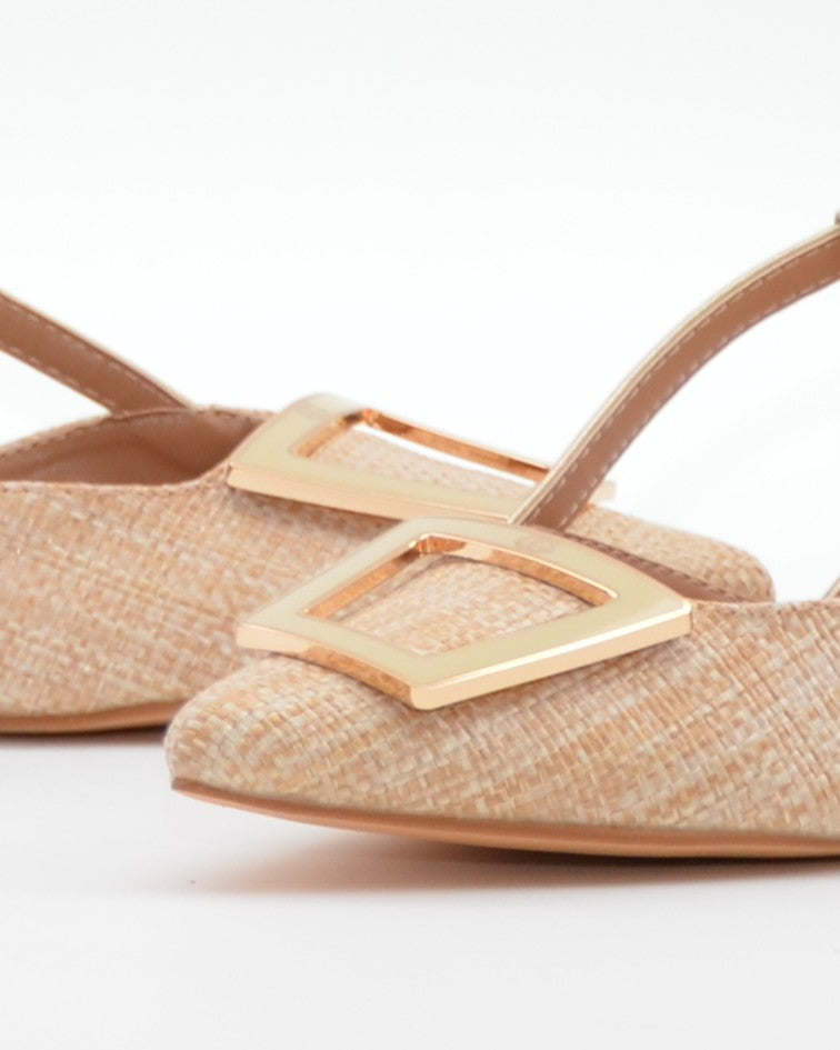 ZAPATO FIESTA MUJER TEJIDO BEIGE ADORNO METÁLICO CAYETANO 56022