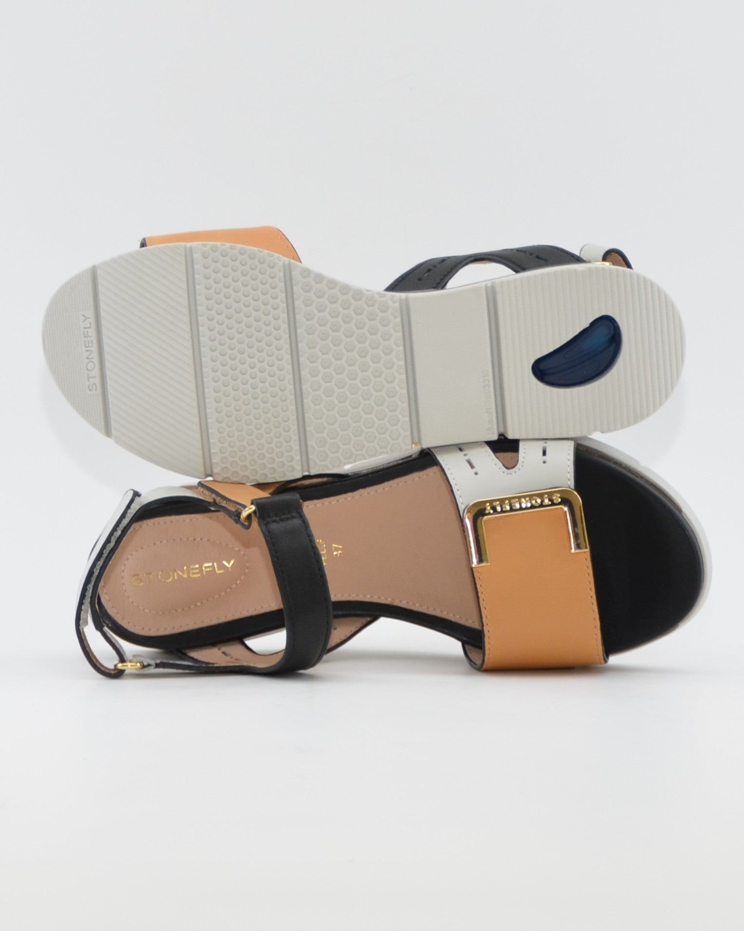 SANDALIA PLANA MUJER STONEFLY DOS VELCROS COMBI CAMEL BLANCO Y NEGRO
