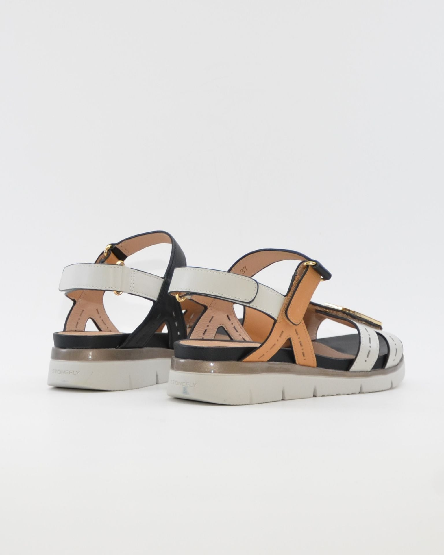 SANDALIA PLANA MUJER STONEFLY DOS VELCROS COMBI CAMEL BLANCO Y NEGRO