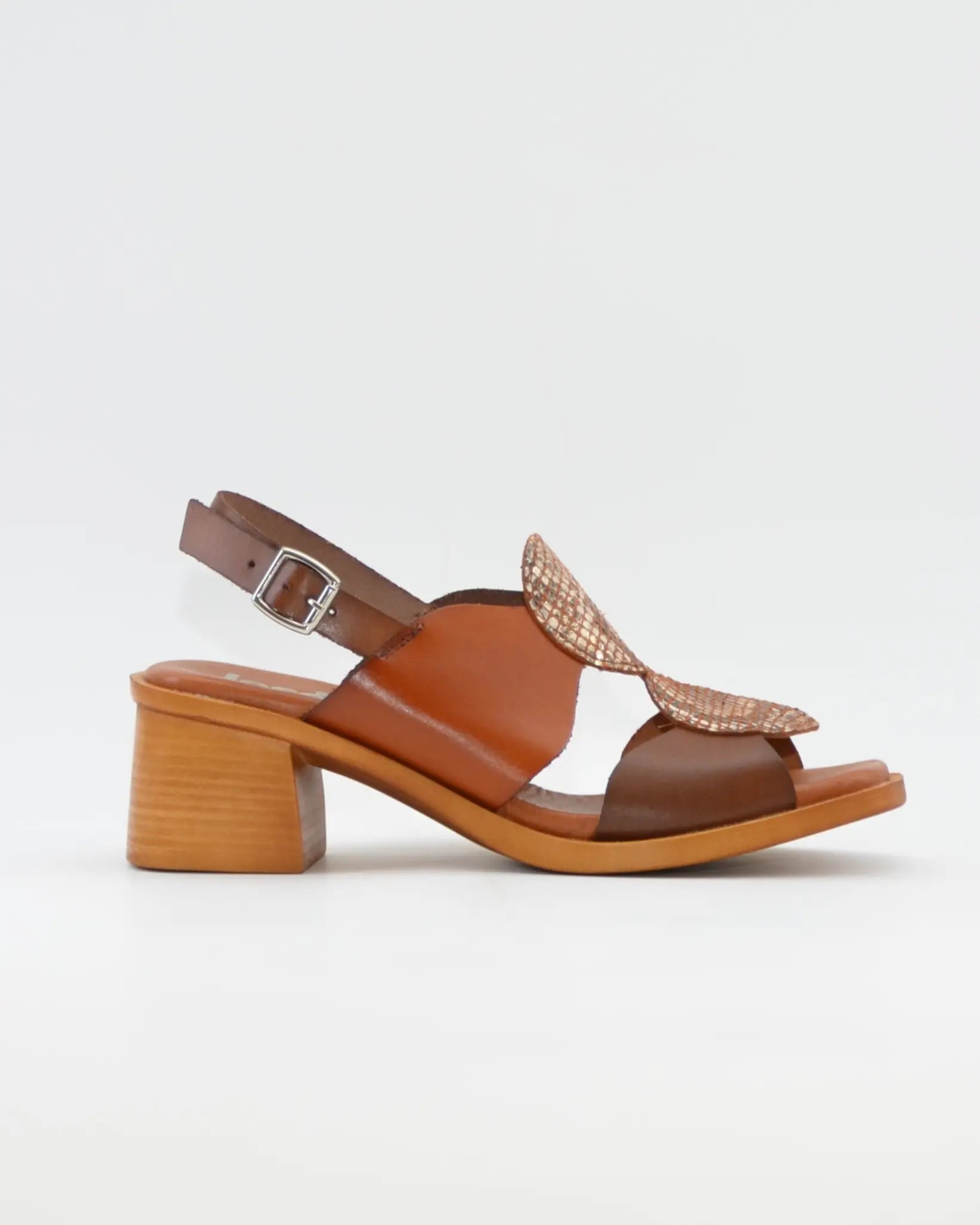 SANDALIA MUJER TACON MEDIO PLANTA DE GEL COMBI MARRON PITON JORDANA 4459