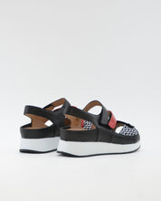 SANDALIA PLANTILLA EXTRAIBLE MUJER TRES VELCROS ANCHO ESPECIAL COLOR NEGRO Y ROJO PIE SANTO 260423