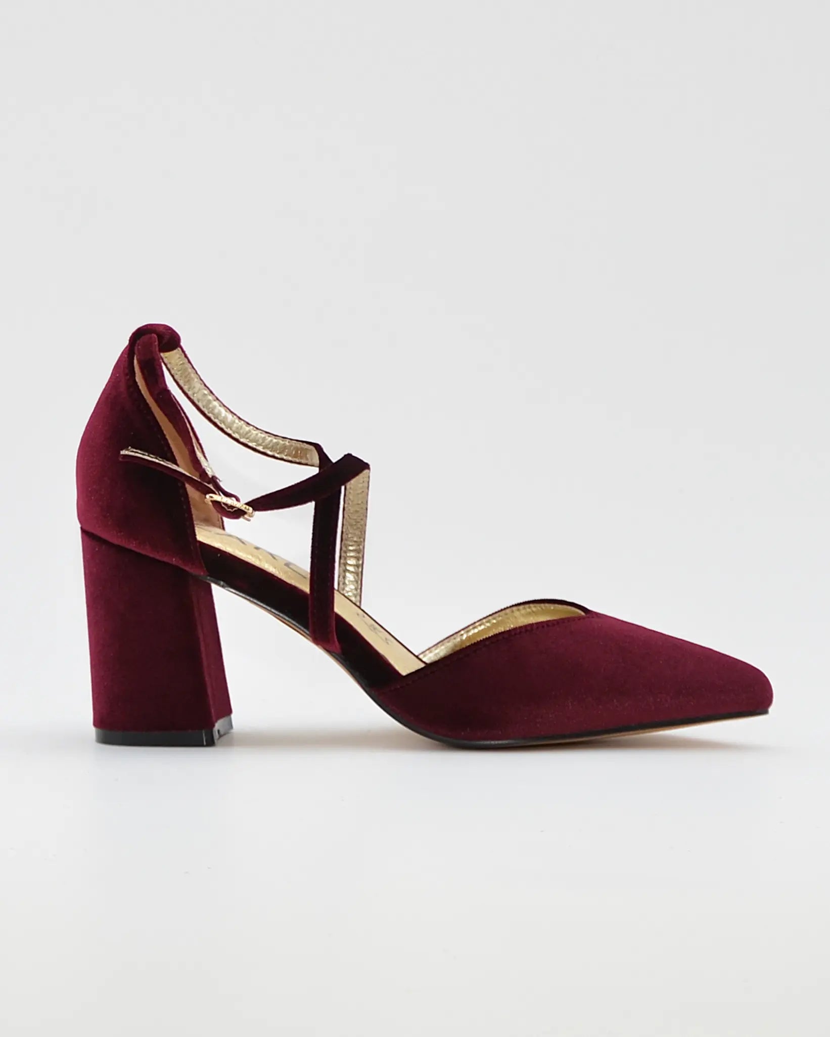 ZAPATO SALÓN MUJER COLOR TERCIOPELO BURDEOS TACÓN ANCHO Y TIRAS AZAREY 459M066