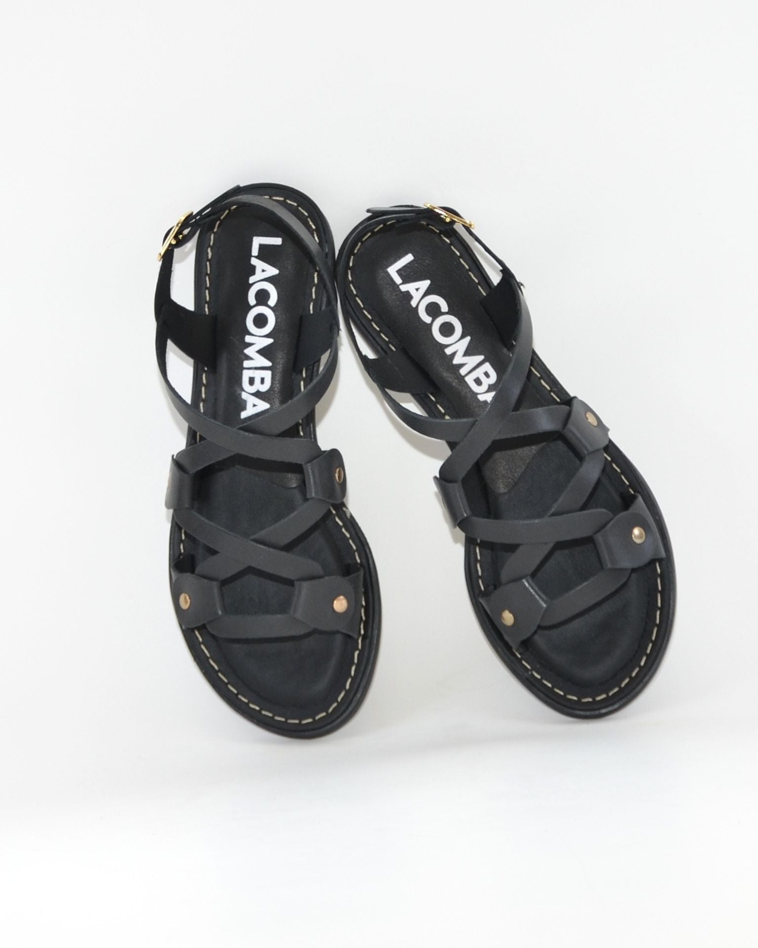 SANDALIA MUJER PLANA PIEL COLOR NEGRO TACHAS LACOMBA BOUGAIN