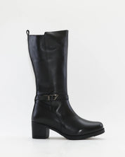 BOTA ALTA MUJER TACON MEDIO COLOR NEGRO ADORNO METALICO  CREMALLERA Y ELASTICO TREINTAS L-1508