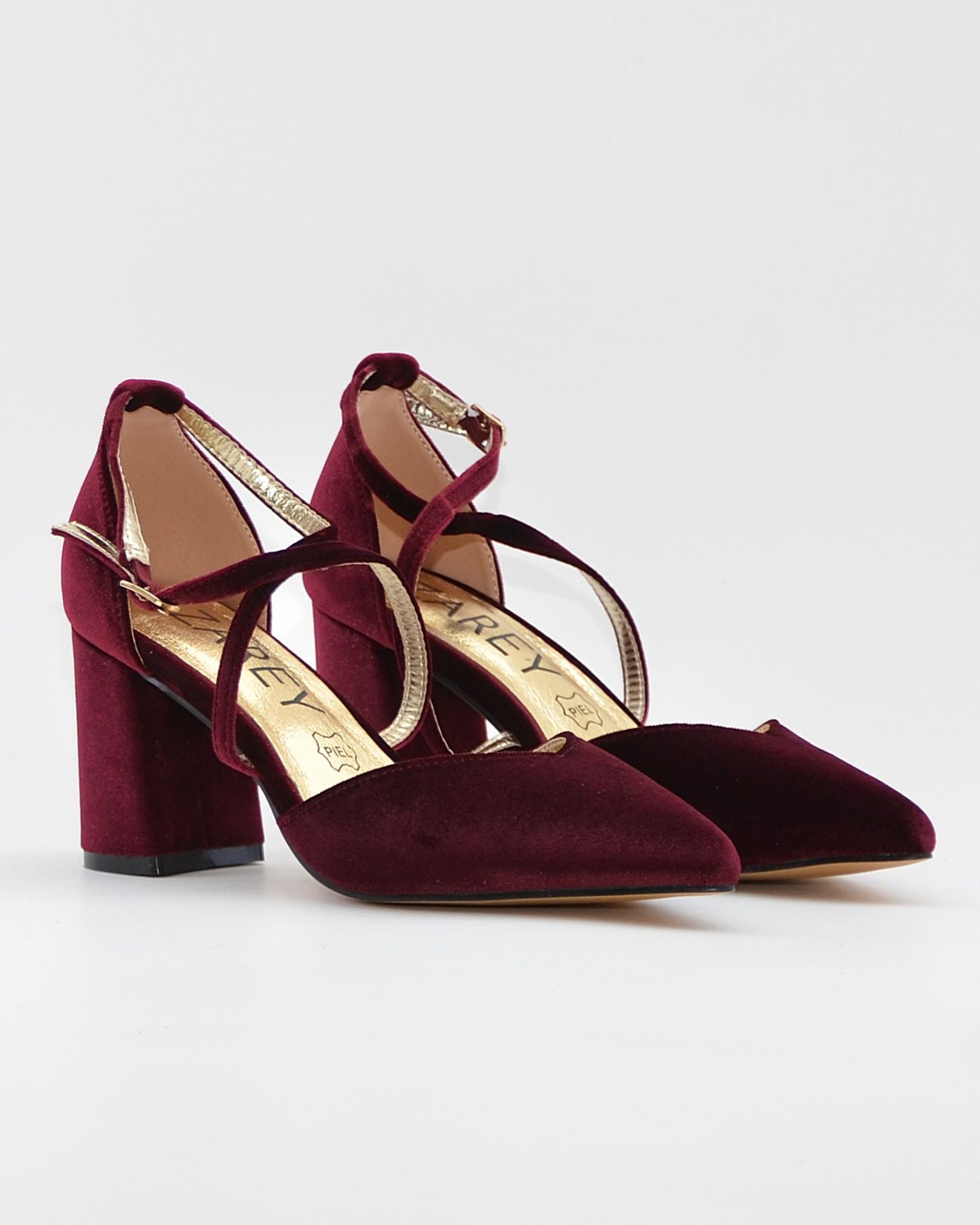 ZAPATO SALÓN MUJER COLOR TERCIOPELO BURDEOS TACÓN ANCHO Y TIRAS AZAREY 459M066