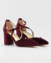 ZAPATO SALÓN MUJER COLOR TERCIOPELO BURDEOS TACÓN ANCHO Y TIRAS AZAREY 459M066