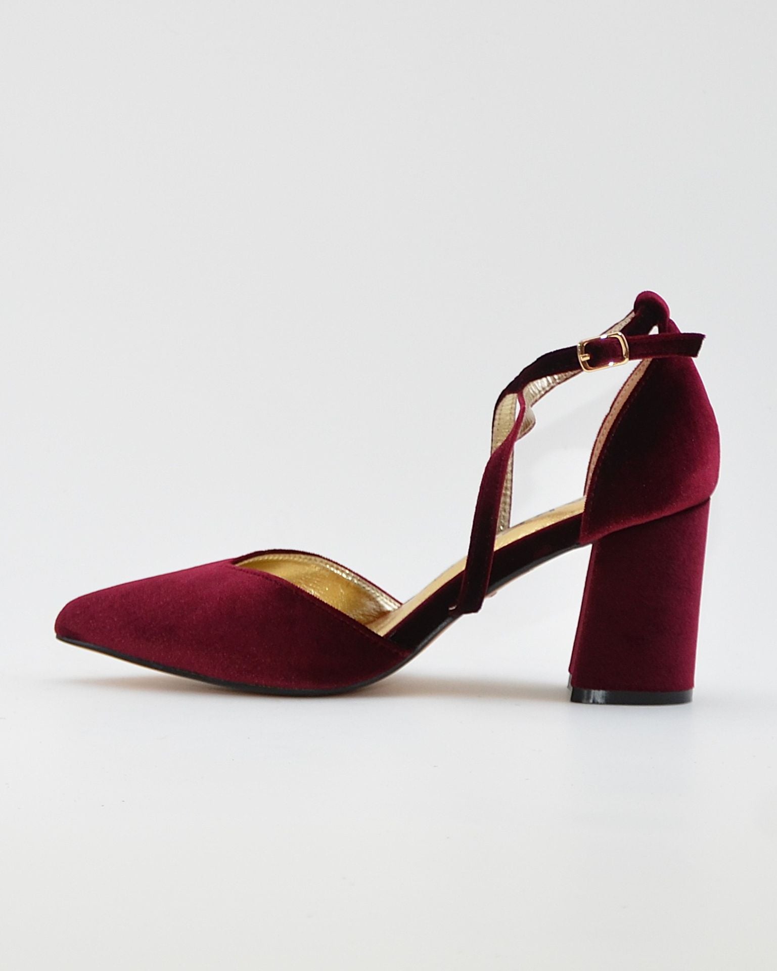 ZAPATO SALÓN MUJER COLOR TERCIOPELO BURDEOS TACÓN ANCHO Y TIRAS AZAREY 459M066