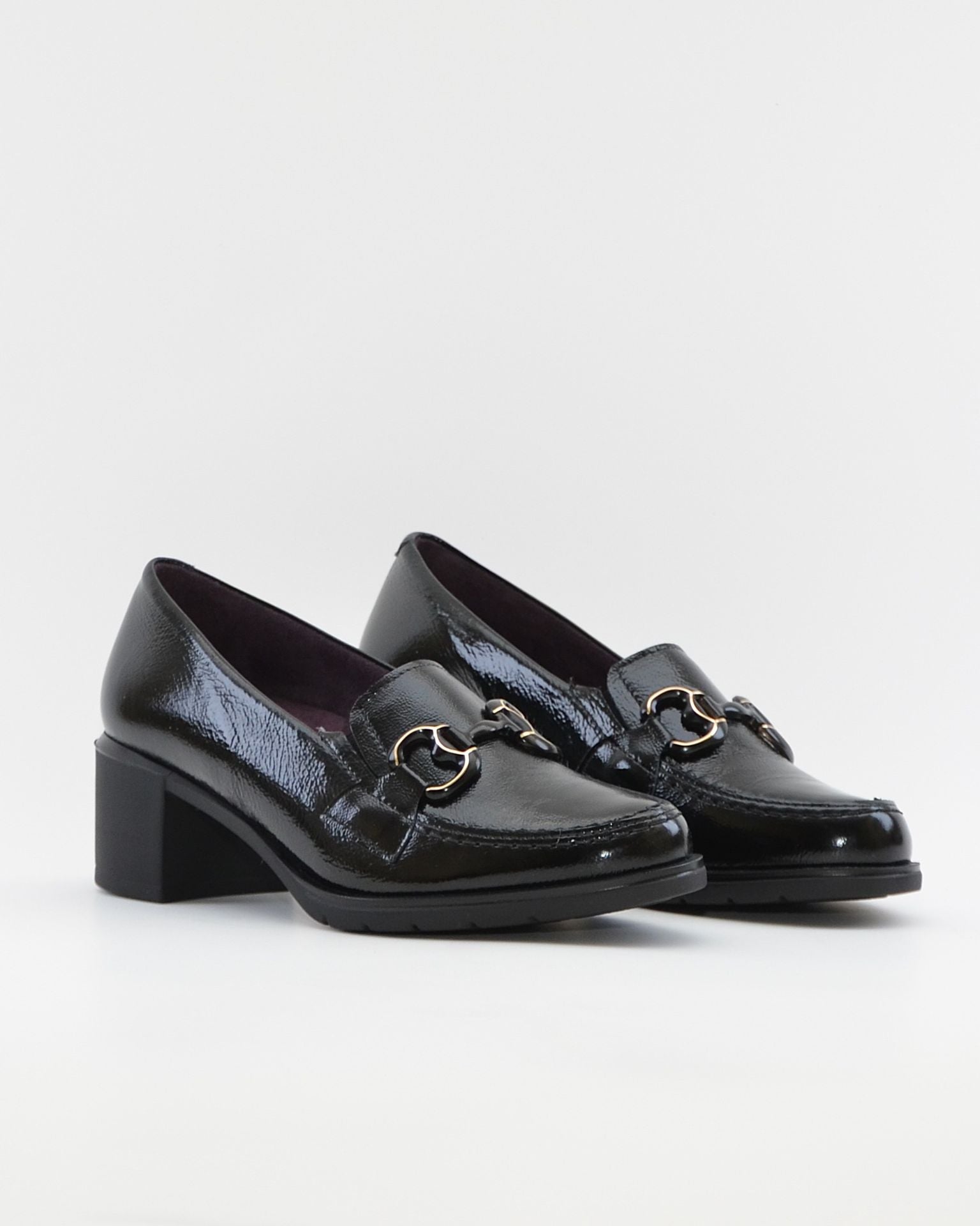 ZAPATO MOCASIN MUJER TACON ANCHO PLANTILLA EXTRAIBLE PITILLOS 11621 CHAROL NEGRO