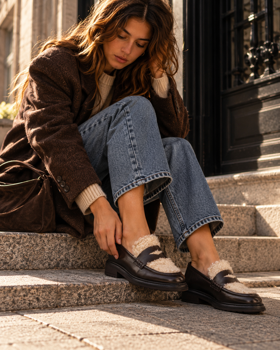MOCASIN MUJER PIEL MARRON CON LANA LACOMBA LYCHEE