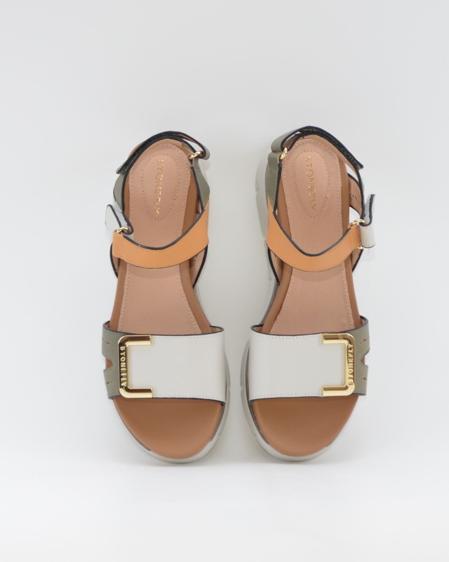SANDALIA PLANA MUJER STONEFLY DOS VELCROS COMBI OLIVA CUERO BLANCO 220834 BSE
