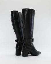 BOTA ALTA MUJER TACON ANCHO EN PIEL COLOR NEGRO ADORNO HEBILLA