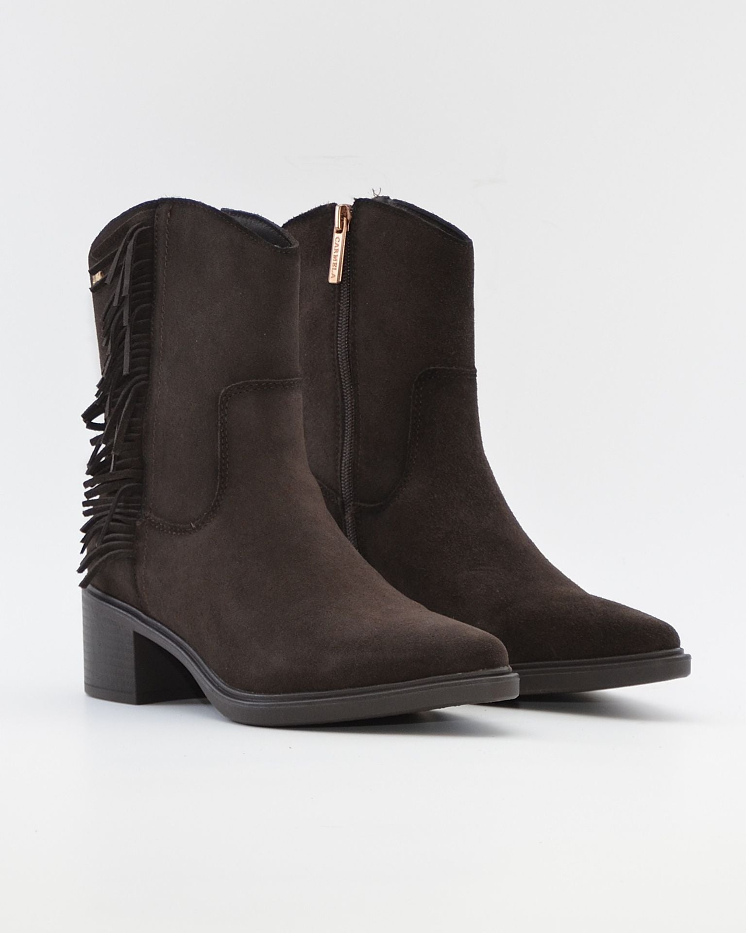 BOTIN MUJER COWBOY SERRAJE MARRÓN CHOCOLATE CON FLECOS CARMELA 164252