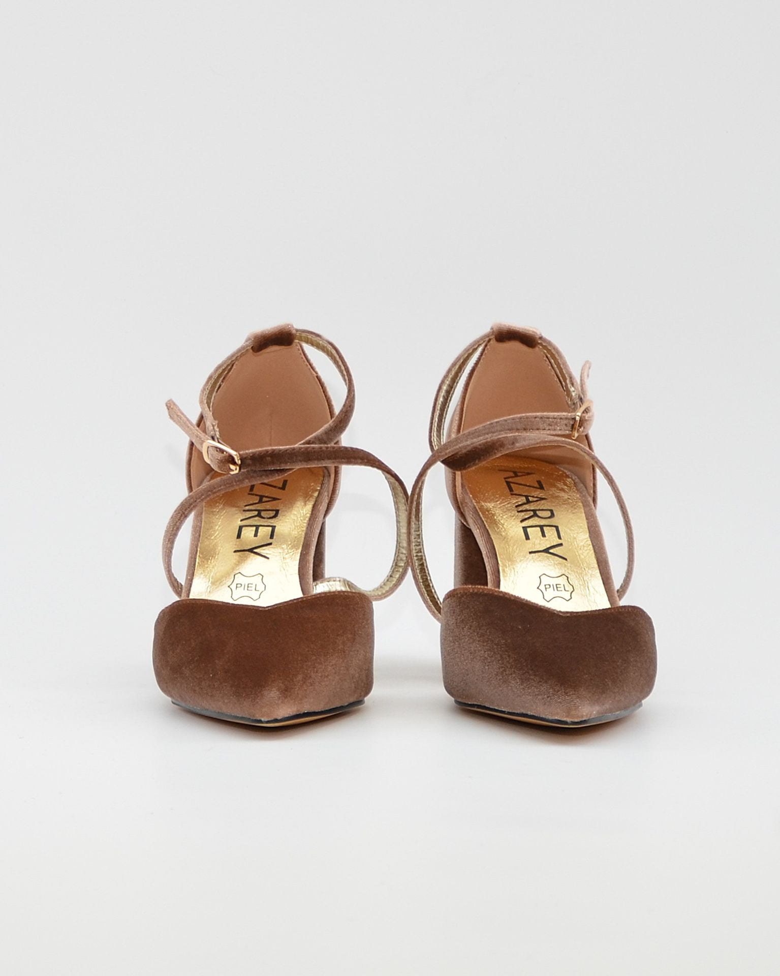 ZAPATO SALÓN MUJER COLOR TERCIOPELO TAUPE TACÓN ANCHO Y TIRAS AZAREY 459M066