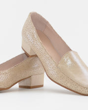 ZAPATO MOCASIN MUJER TACON BAJO COLOR BEIGE METALIZADO D CHICAS 1021 FLORES