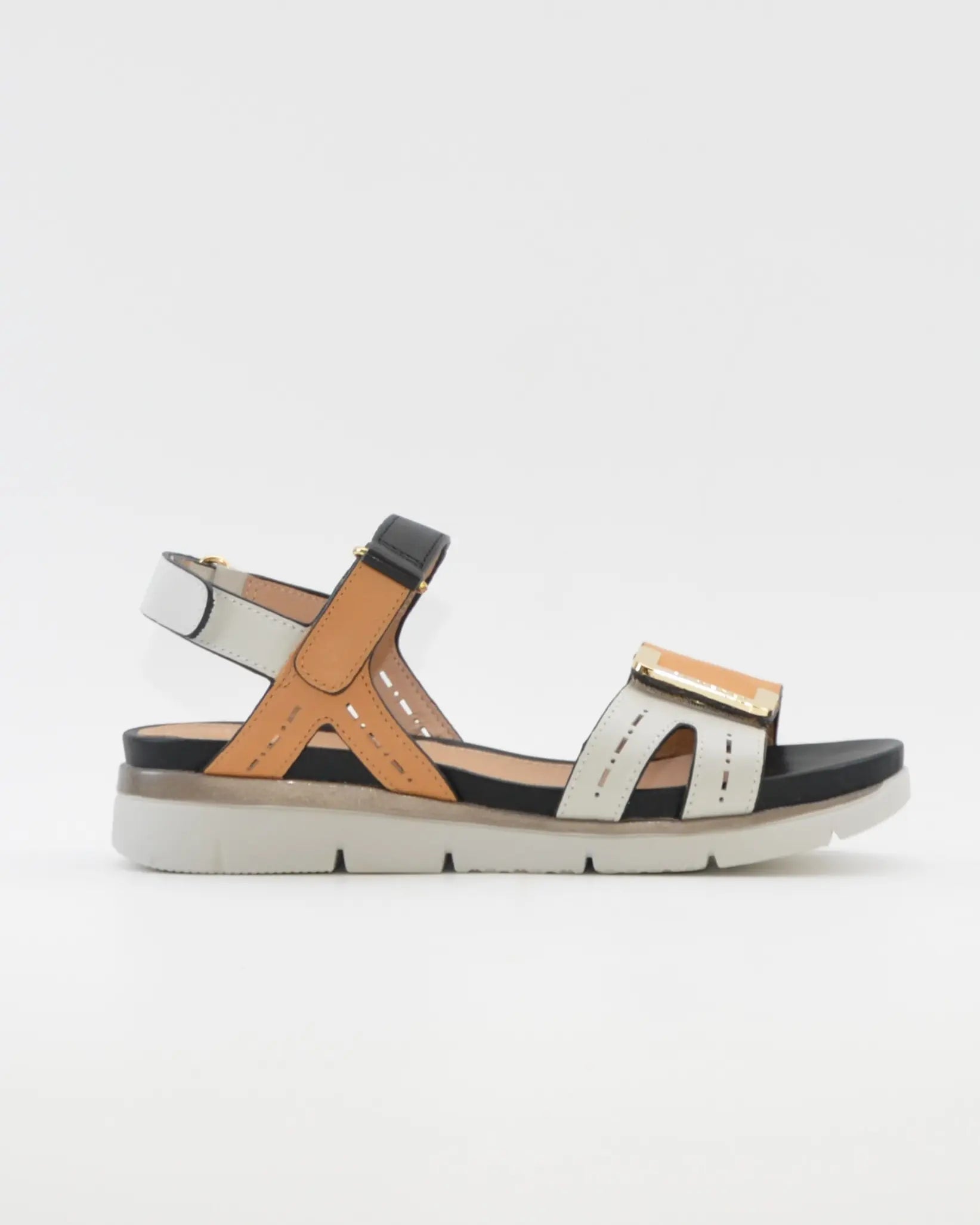 SANDALIA PLANA MUJER STONEFLY DOS VELCROS COMBI CAMEL BLANCO Y NEGRO