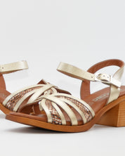 SANDALIA MUJER TACON MEDIO PLANTA DE GEL COMBI DORADO PITON JORDANA 4812