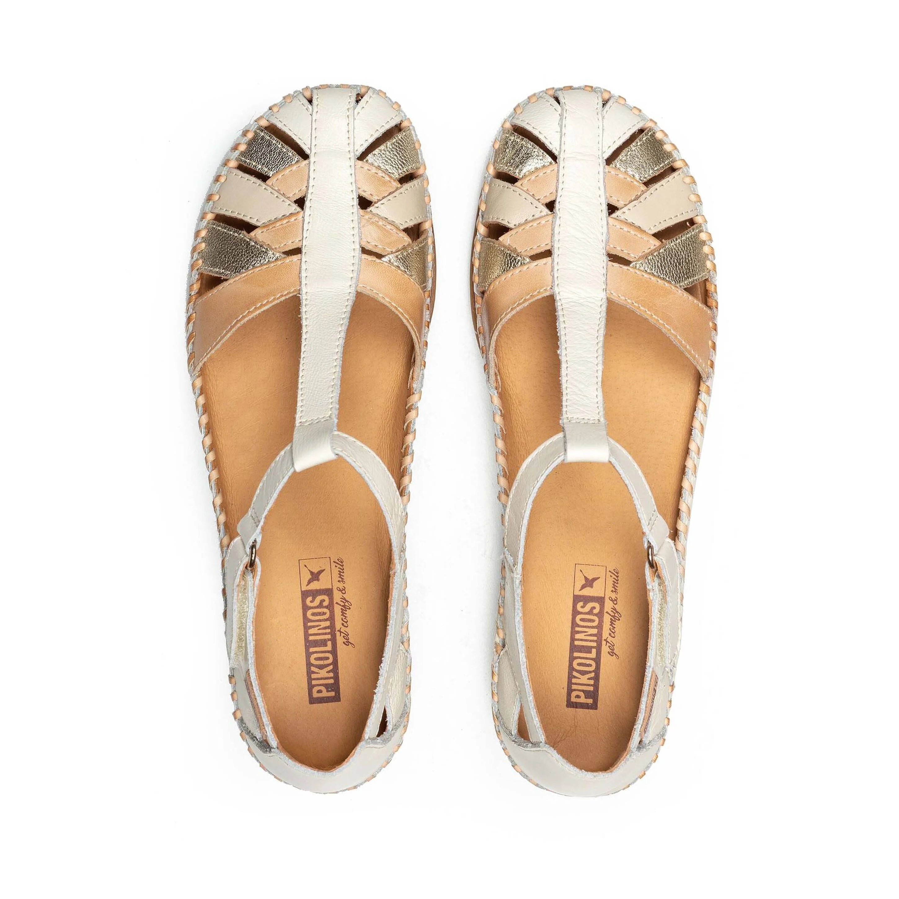 SANDALIA PLANA COLOR BLANCA CON TIRAS EN NUDE Y METALIZADAS Y CIERRE DE VELCRO PIKOLINOS W8K-0705C1 NATA