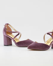 ZAPATO SALÓN MUJER COLOR TERCIOPELO MALVA TACÓN ANCHO Y TIRAS AZAREY 459M066