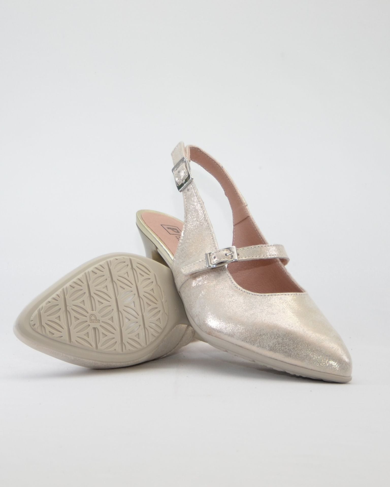 ZAPATO SALON MUJER DORADO TALON DESTALONADO Y HEBILLA PITILLOS 11183