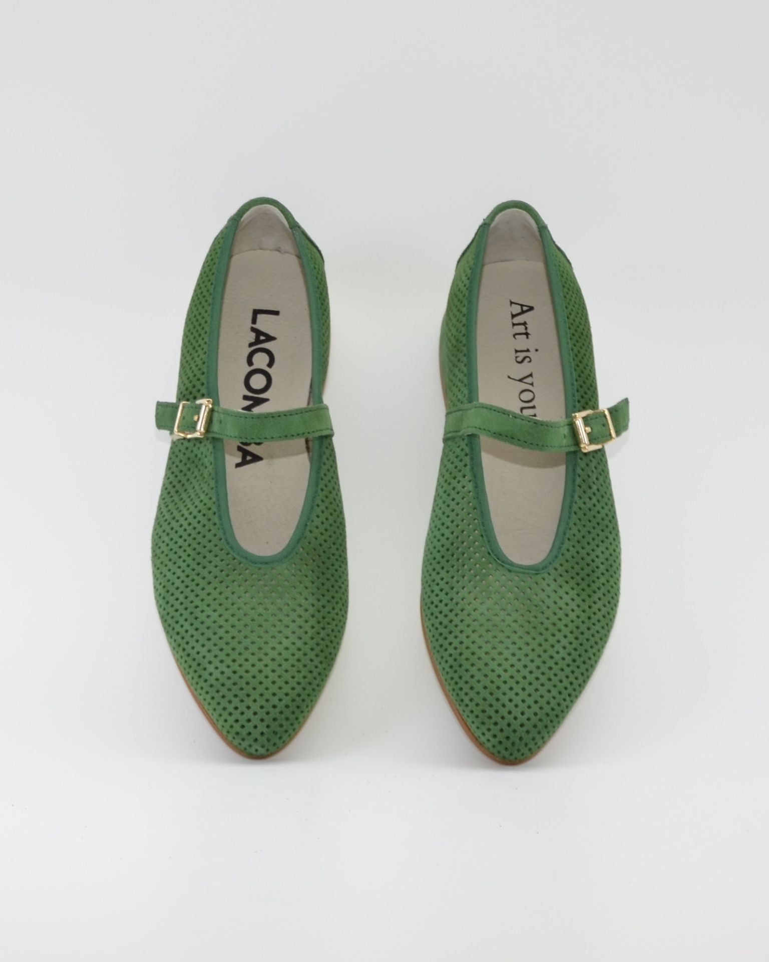 MERCEDITAS DE PIEL COLOR VERDE CON CORREA Y HEBILLA LACOMBA SALVIA
