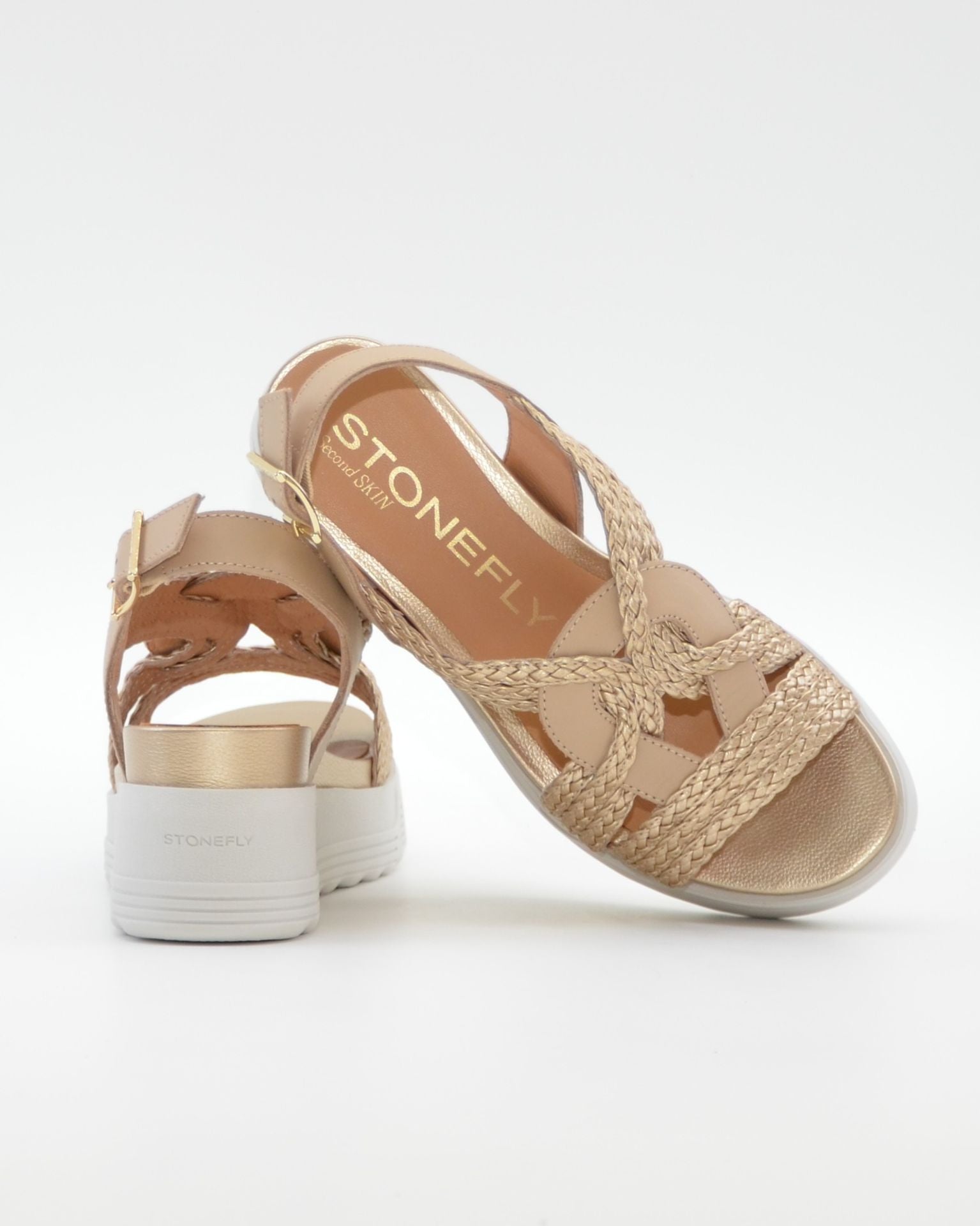 SANDALIA PLANA MUJER STONEFLY TRENZADA ORO Y BEIGE