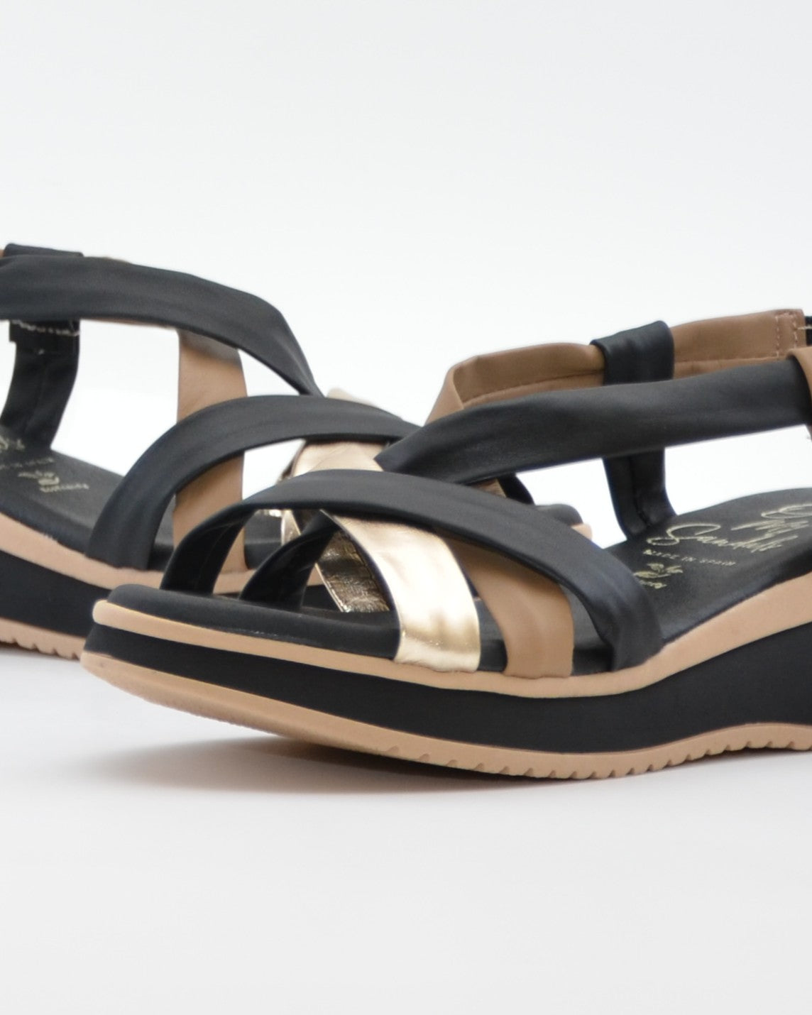 SANDALIA CUÑA MUJER TIRAS COMBI NEGRO PLANTA DE GEL OH MY SANDALS 5941
