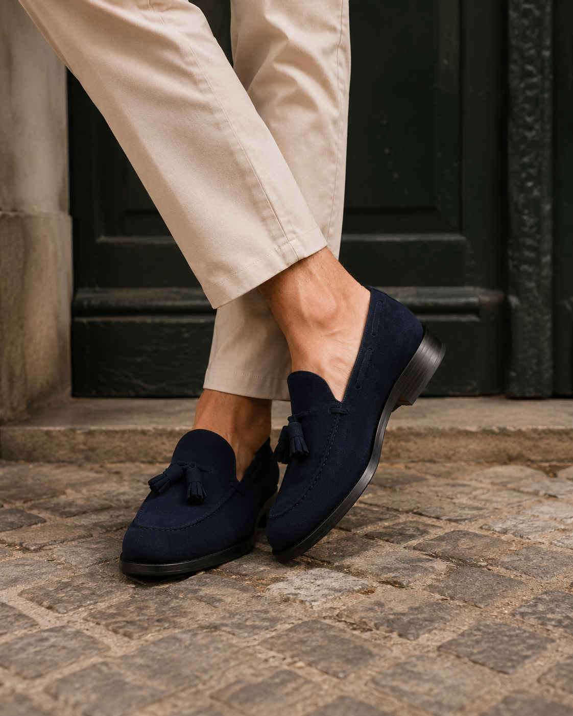 ZAPATO HOMBRE BORLAS TASSEL SERRAJE AZUL MARINO SUELA DE CUERO