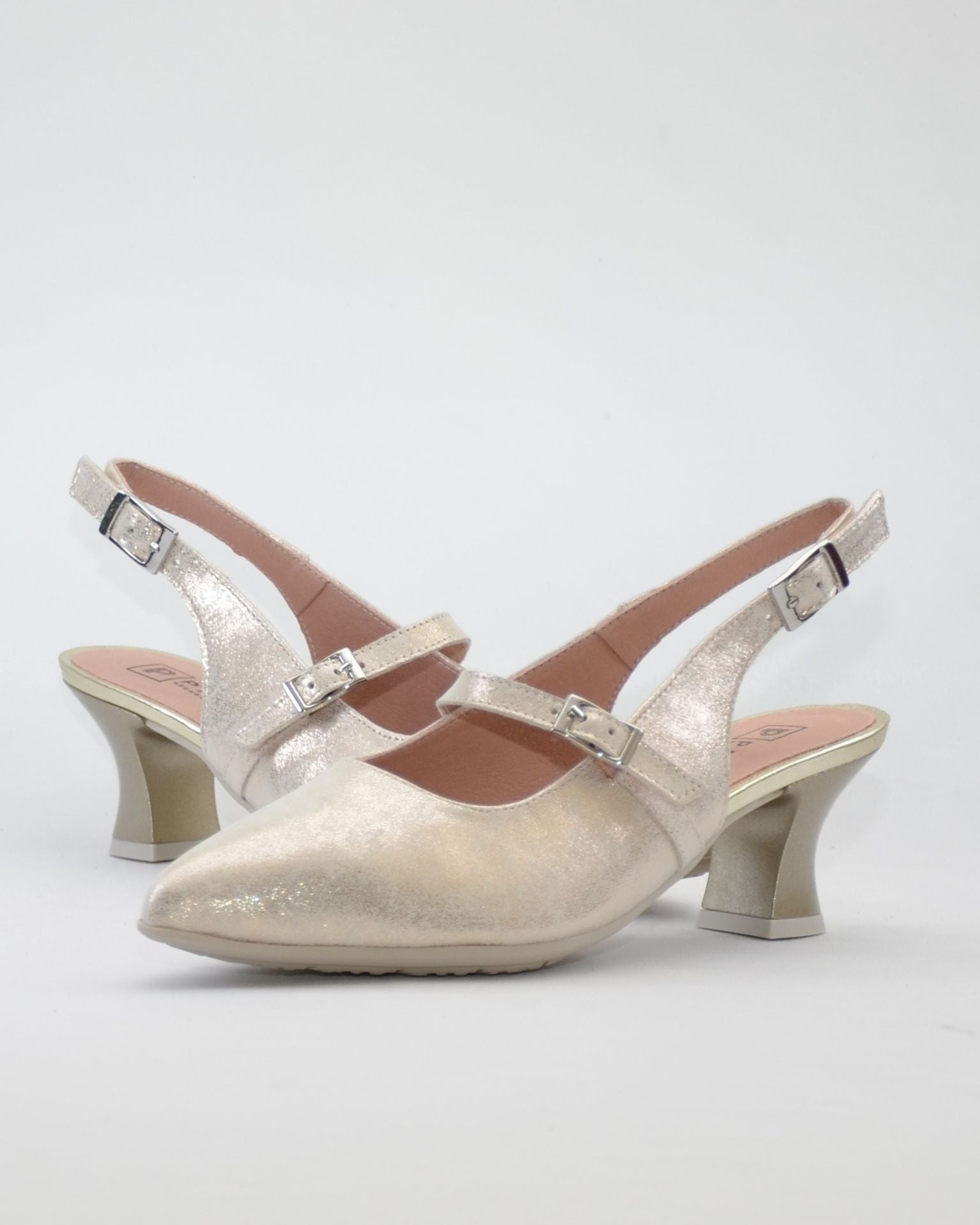 ZAPATO SALON MUJER DORADO TALON DESTALONADO Y HEBILLA PITILLOS 11183