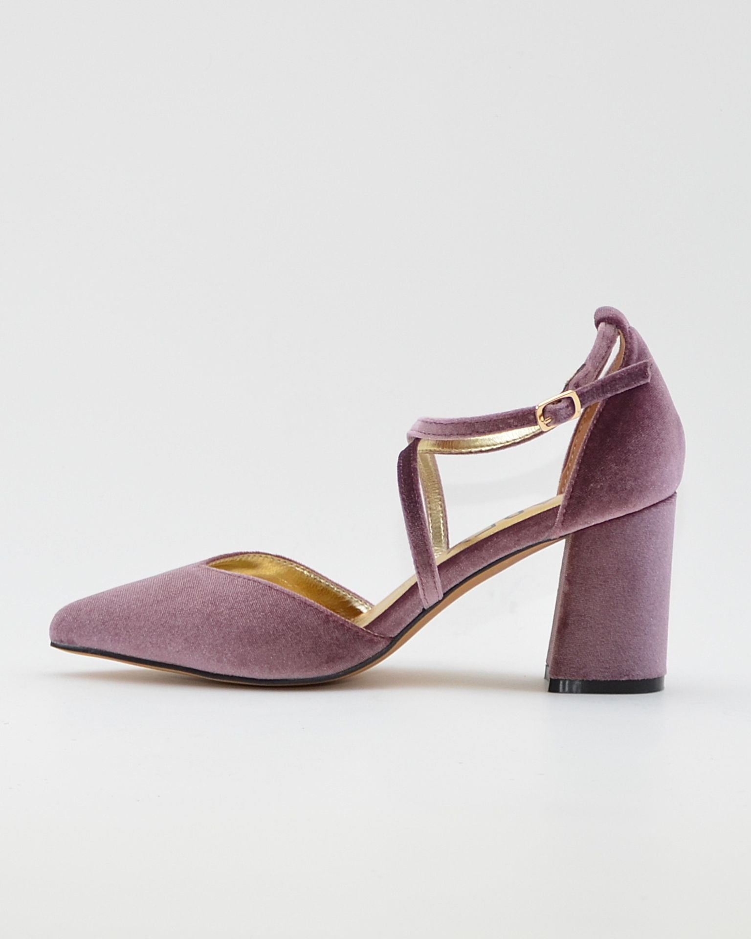ZAPATO SALÓN MUJER COLOR TERCIOPELO MALVA TACÓN ANCHO Y TIRAS AZAREY 459M066
