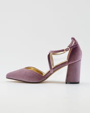 ZAPATO SALÓN MUJER COLOR TERCIOPELO MALVA TACÓN ANCHO Y TIRAS AZAREY 459M066