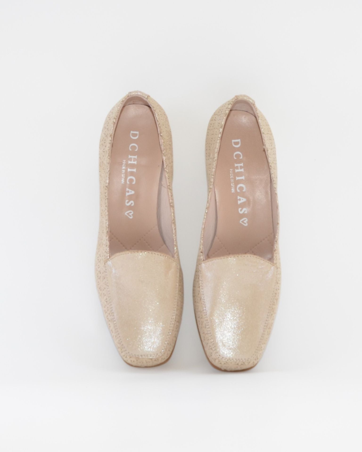 ZAPATO MOCASIN MUJER TACON BAJO COLOR BEIGE METALIZADO D CHICAS 1021 FLORES