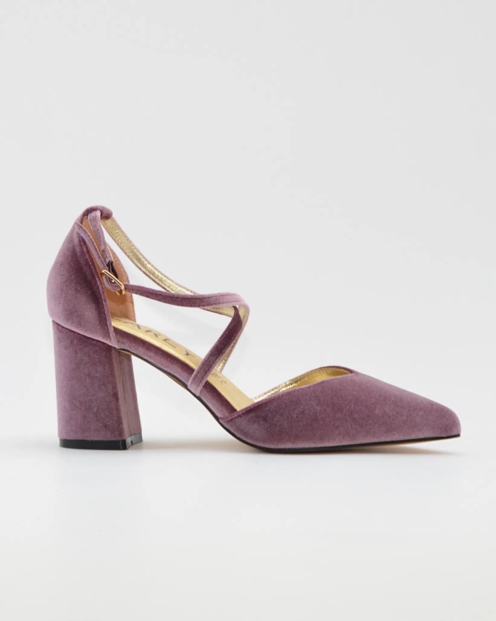 ZAPATO SALÓN MUJER COLOR TERCIOPELO MALVA TACÓN ANCHO Y TIRAS AZAREY 459M066