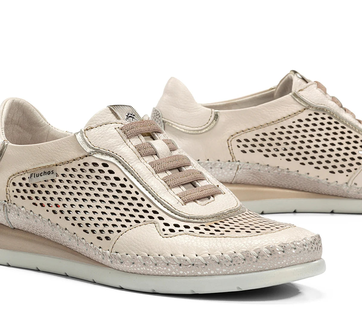 ZAPATO FLUCHOS MUJER COLOR BLANCO ROTO CON ELASTICOS METALIZADOS FLUCHOS SELLA F2143 RAW