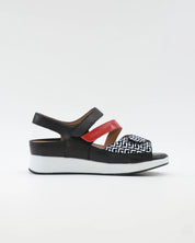SANDALIA PLANTILLA EXTRAIBLE MUJER TRES VELCROS ANCHO ESPECIAL COLOR NEGRO Y ROJO PIE SANTO 260423