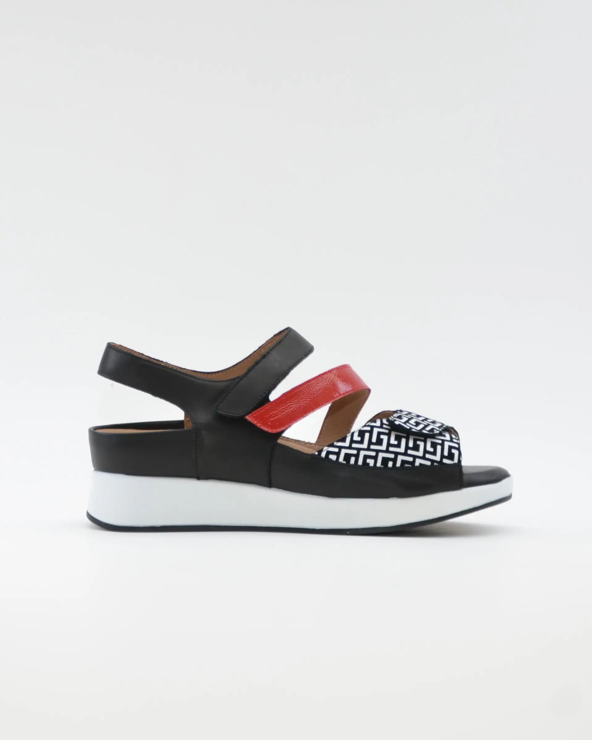 SANDALIA PLANTILLA EXTRAIBLE MUJER TRES VELCROS ANCHO ESPECIAL COLOR NEGRO Y ROJO PIE SANTO 260423