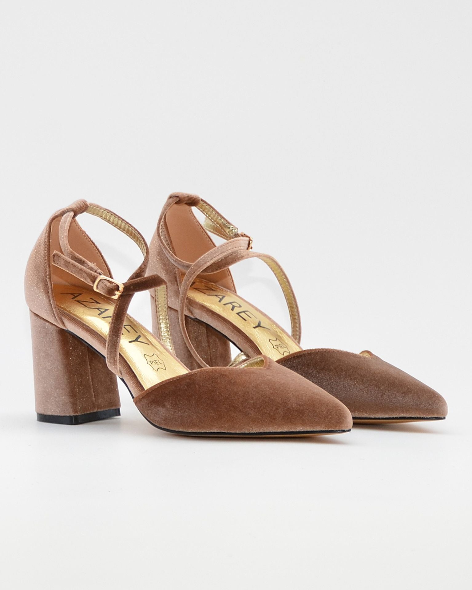 ZAPATO SALÓN MUJER COLOR TERCIOPELO TAUPE TACÓN ANCHO Y TIRAS AZAREY 459M066