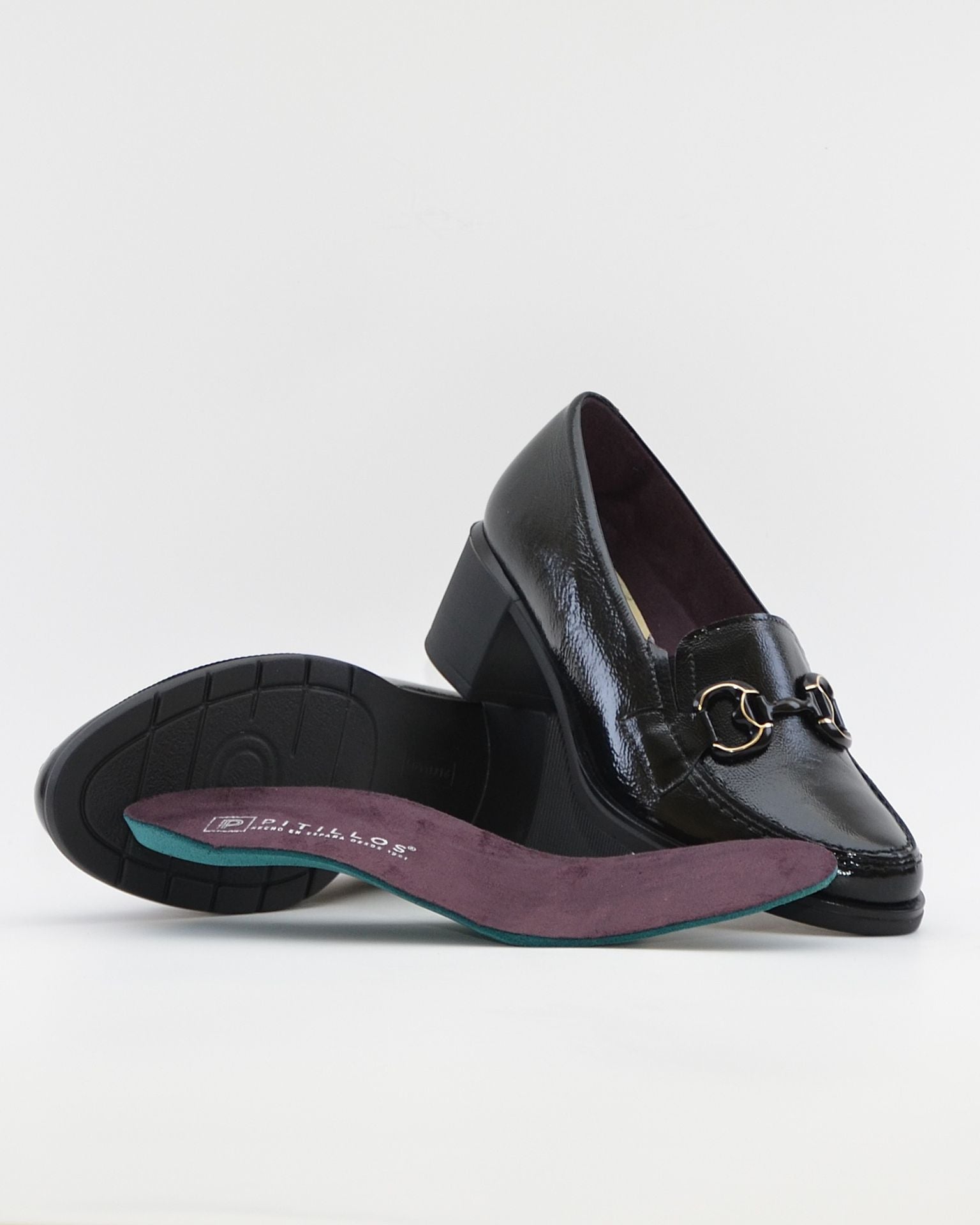 ZAPATO MOCASIN MUJER TACON ANCHO PLANTILLA EXTRAIBLE PITILLOS 11621 CHAROL NEGRO