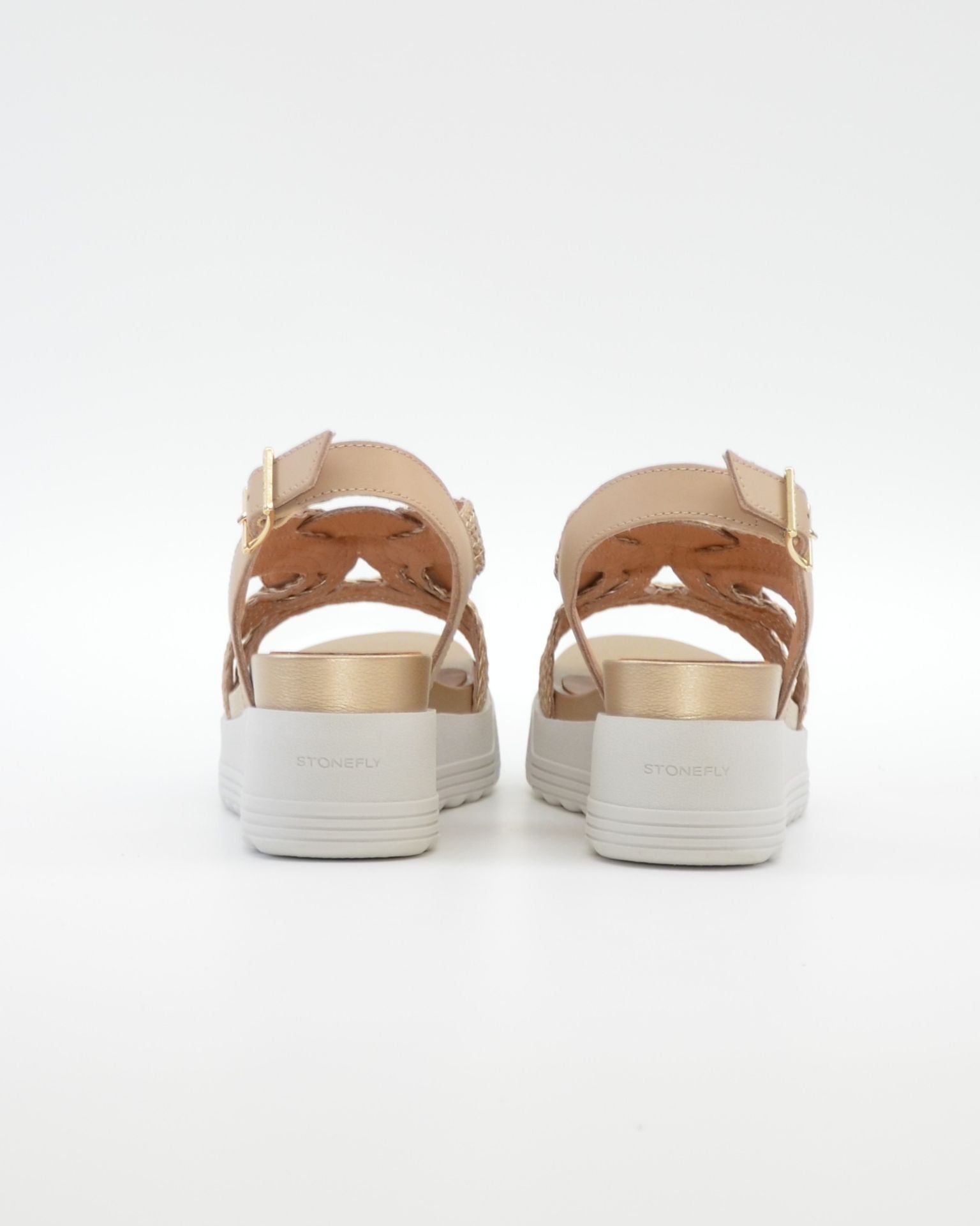SANDALIA PLANA MUJER STONEFLY TRENZADA ORO Y BEIGE