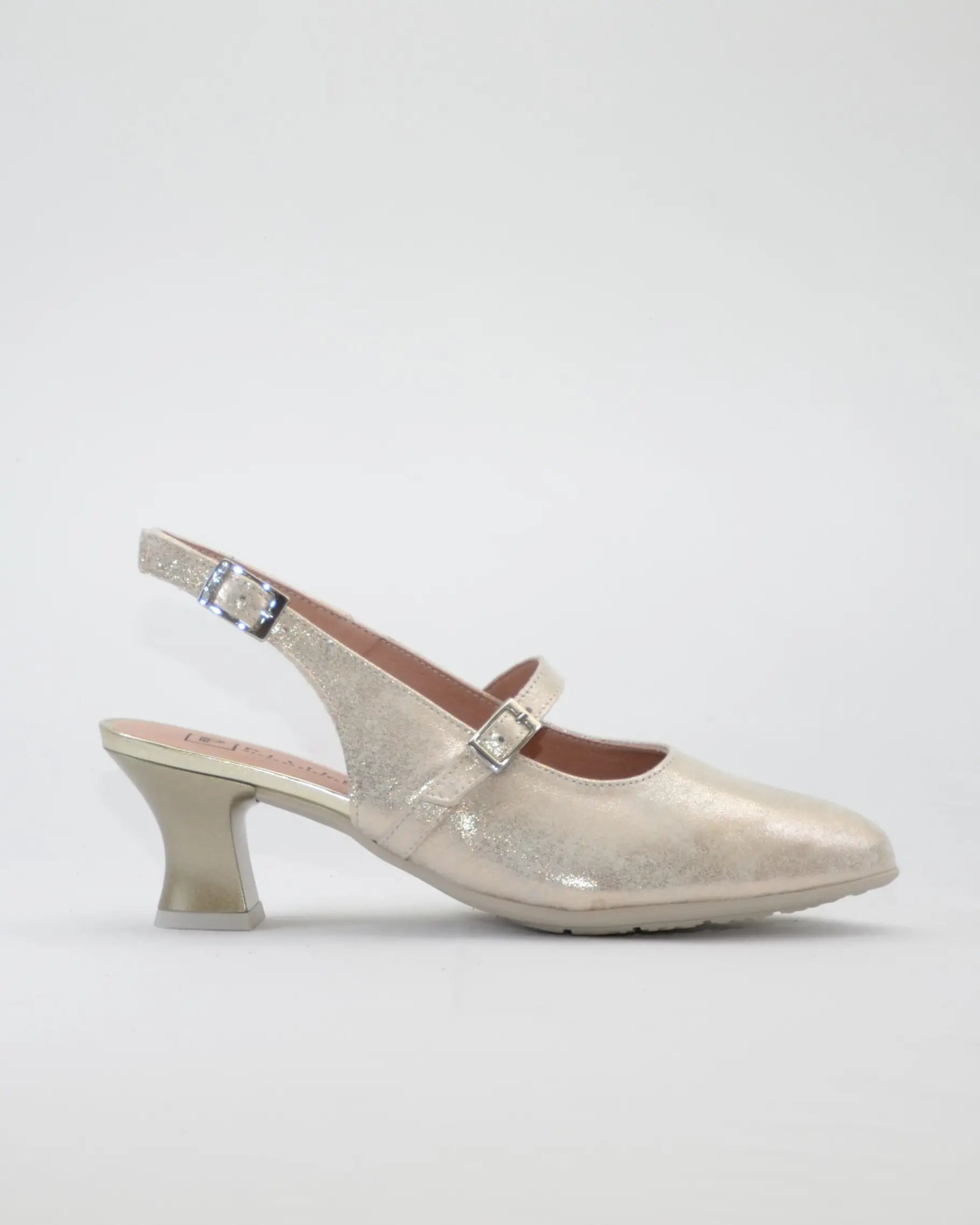 ZAPATO SALON MUJER DORADO TALON DESTALONADO Y HEBILLA PITILLOS 11183