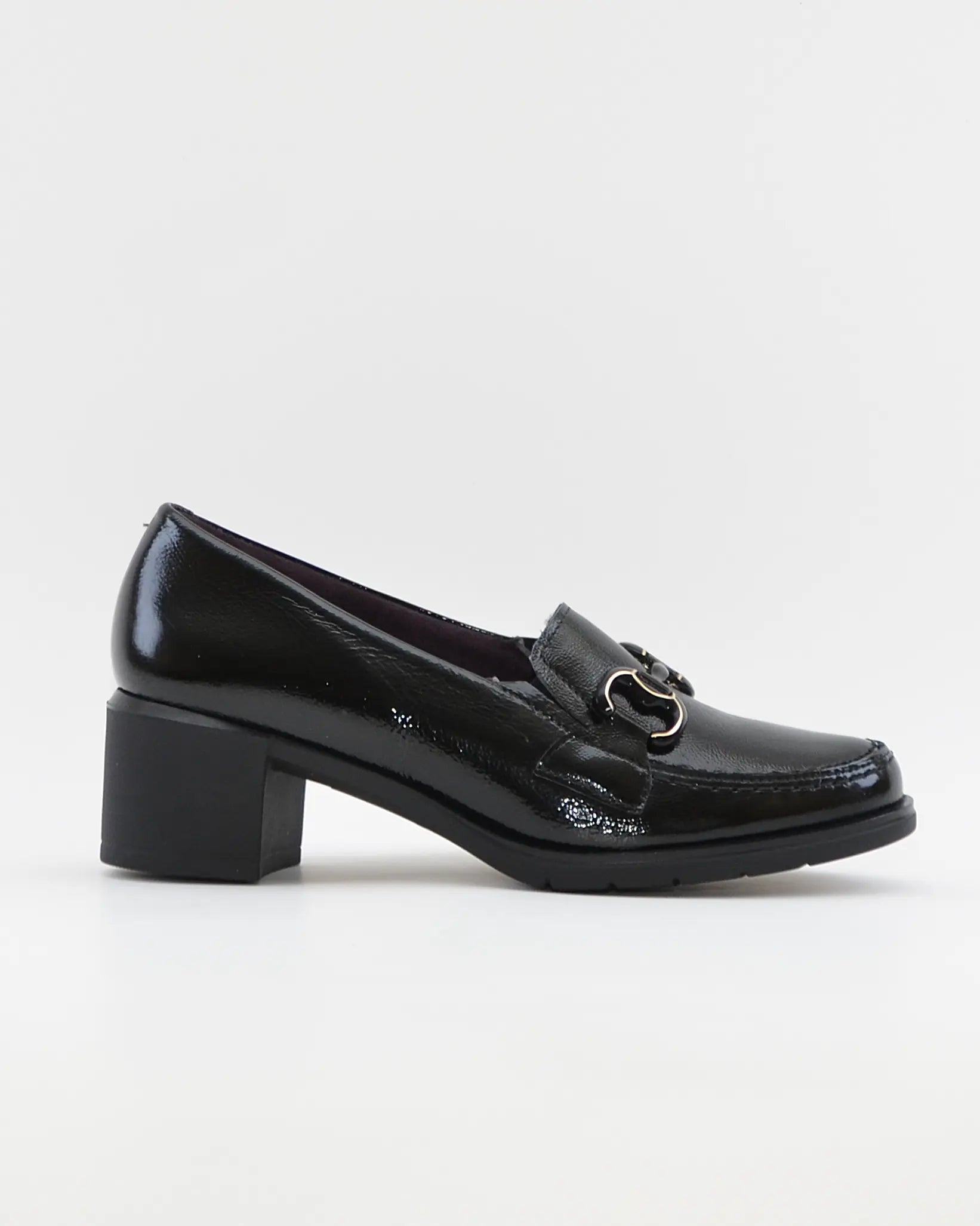 ZAPATO MOCASIN MUJER TACON ANCHO PLANTILLA EXTRAIBLE PITILLOS 11621 CHAROL NEGRO