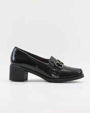 ZAPATO MOCASIN MUJER TACON ANCHO PLANTILLA EXTRAIBLE PITILLOS 11621 CHAROL NEGRO