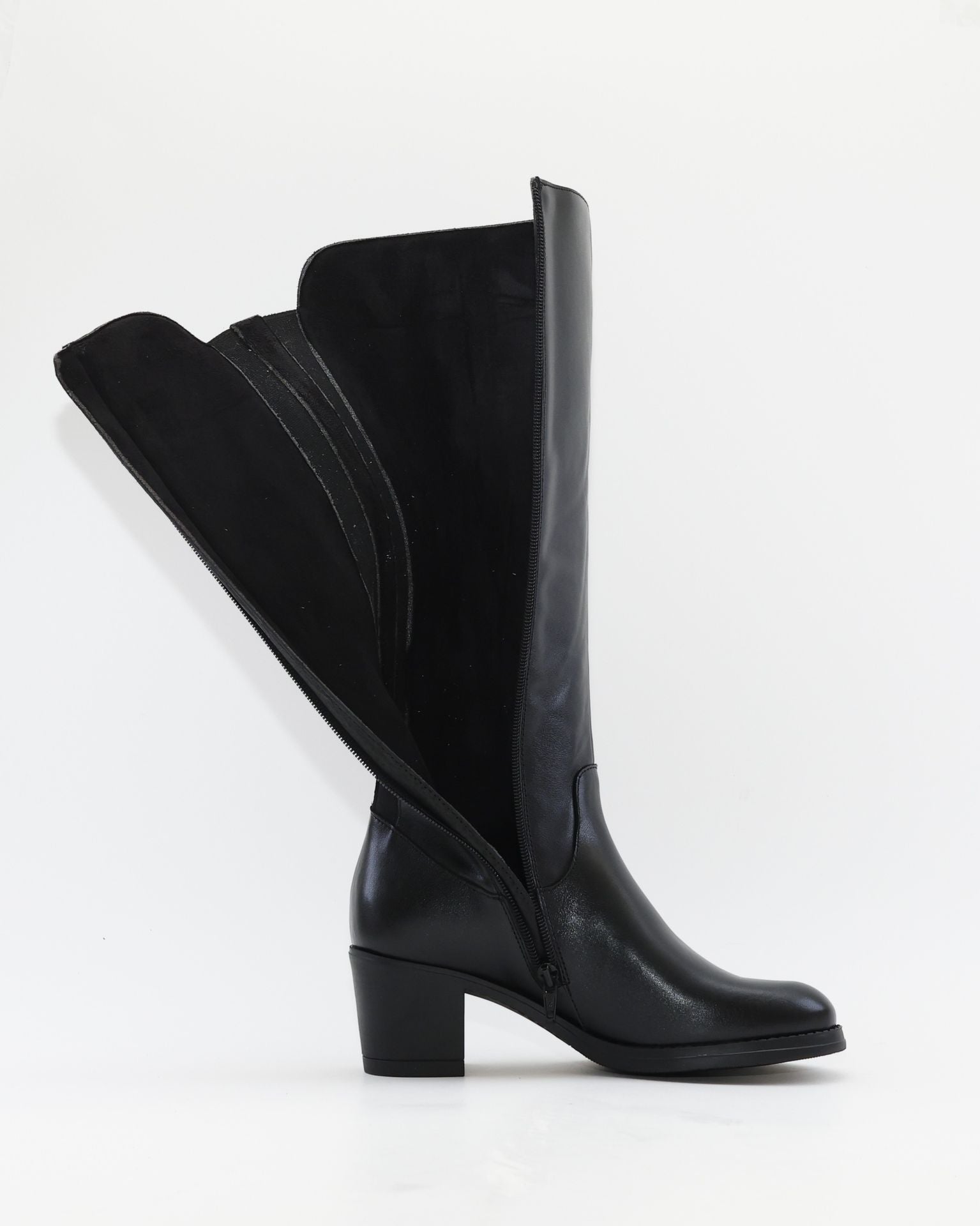 BOTA ALTA MUJER TACON ANCHO CON ELASTICOS PIEL COLOR NEGRO KAOLA 8825