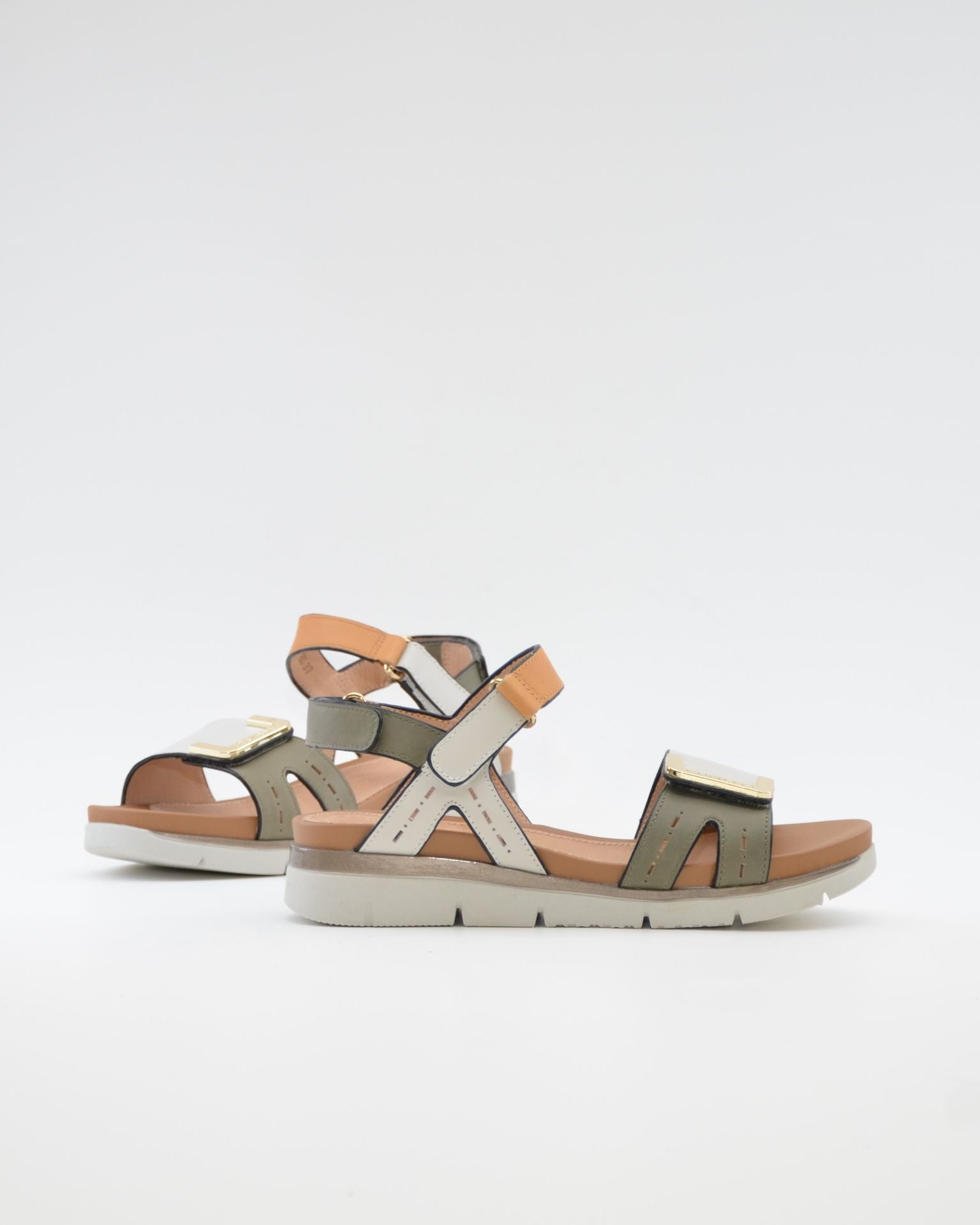 SANDALIA PLANA MUJER STONEFLY DOS VELCROS COMBI OLIVA CUERO BLANCO 220834 BSE