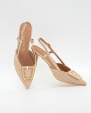 ZAPATO FIESTA MUJER TEJIDO BEIGE ADORNO METÁLICO CAYETANO 56022