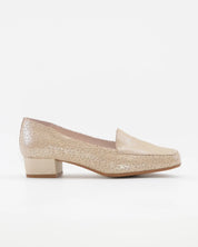 ZAPATO MOCASIN MUJER TACON BAJO COLOR BEIGE METALIZADO D CHICAS 1021 FLORES
