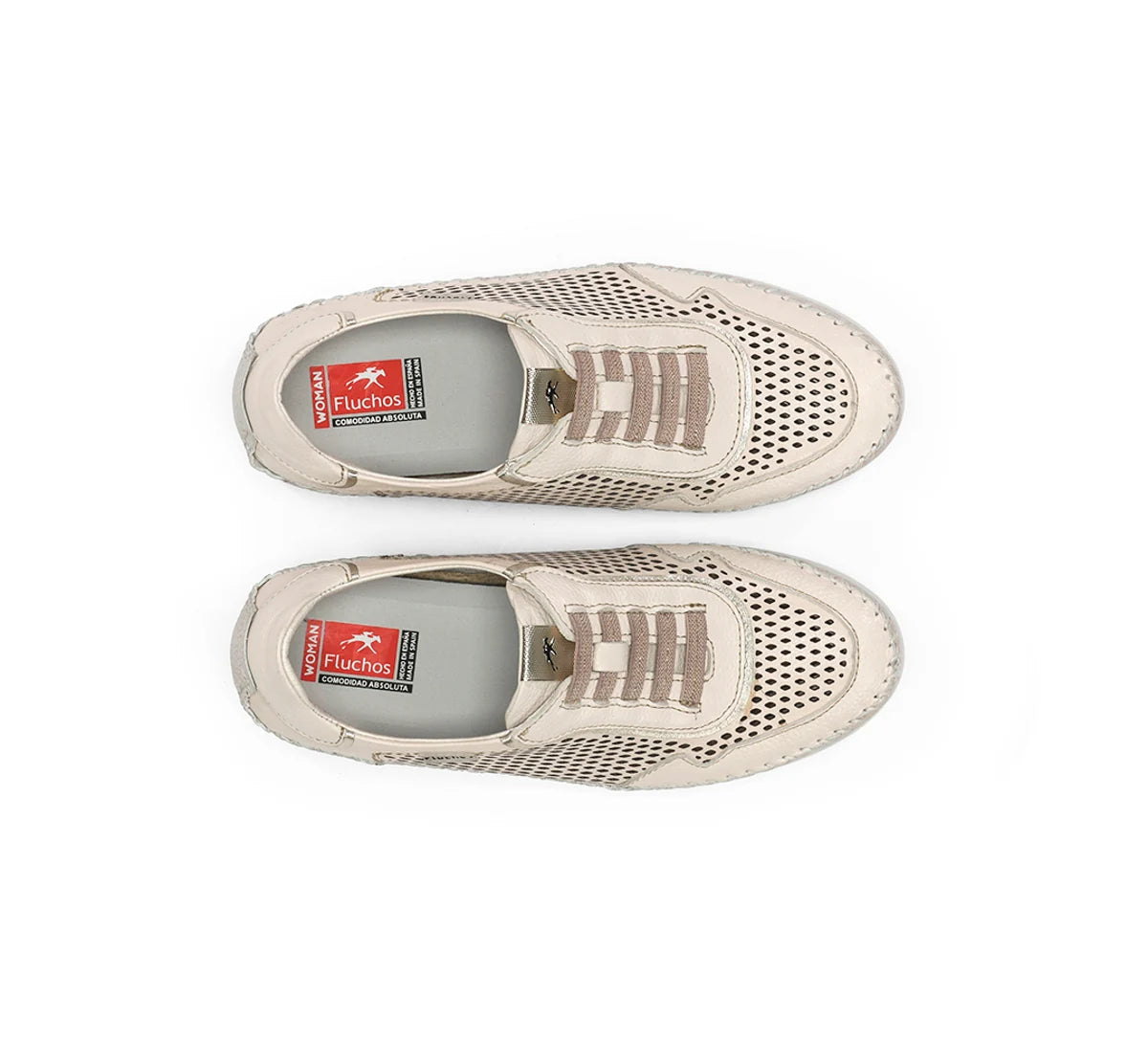 ZAPATO FLUCHOS MUJER COLOR BLANCO ROTO CON ELASTICOS METALIZADOS FLUCHOS SELLA F2143 RAW