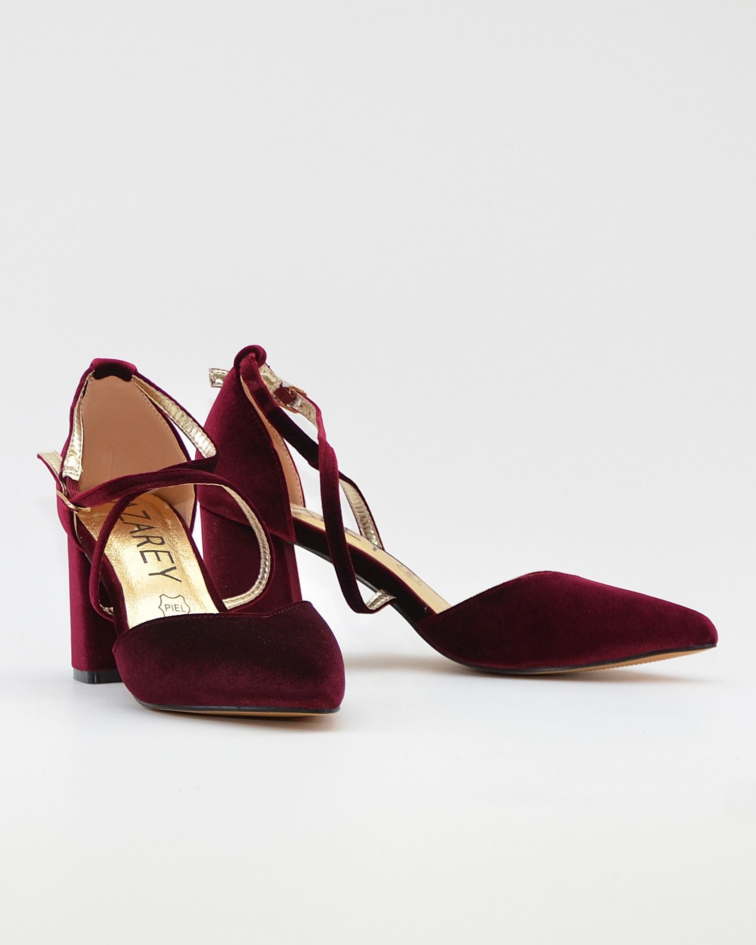 ZAPATO SALÓN MUJER COLOR TERCIOPELO BURDEOS TACÓN ANCHO Y TIRAS AZAREY 459M066